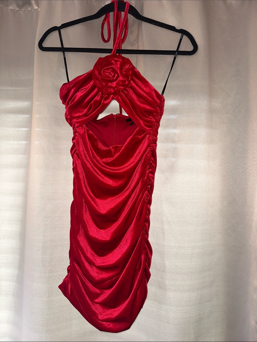 Forever 21 Red Halter Ruched Velvet Mini Dress